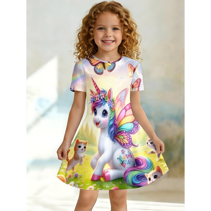 Games Garden Party - T-shirtjurk met regenboog-eenhoorn en kittenprint voor